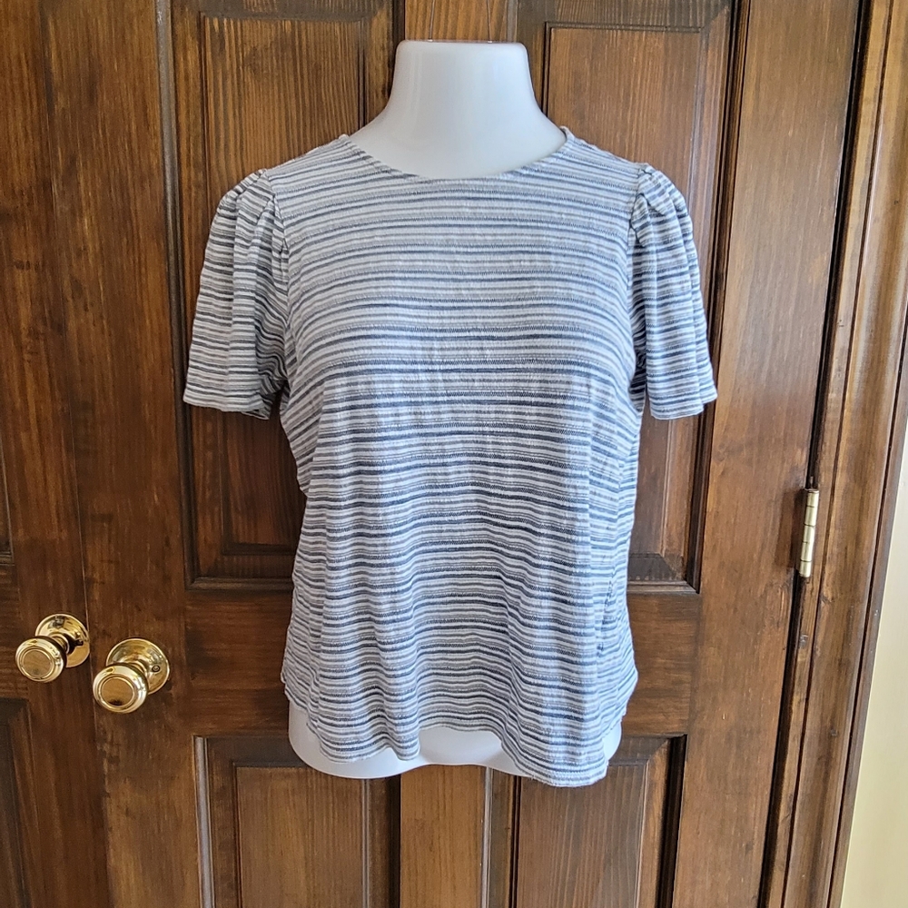 Lucky  Brand Striped Top Sz M Gray Cream Taupe Black P2P 18 L 18